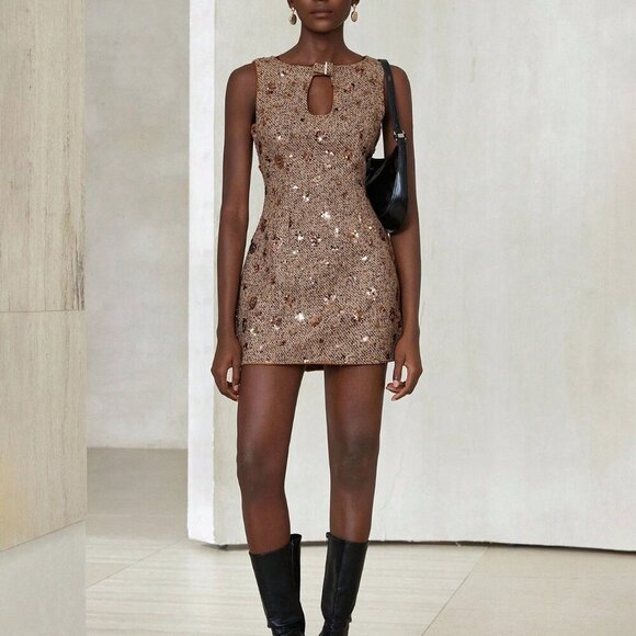 Brown Party Women's Mixed Tweed Fabric With Sequins Design mini dress - Picture 6 of 7